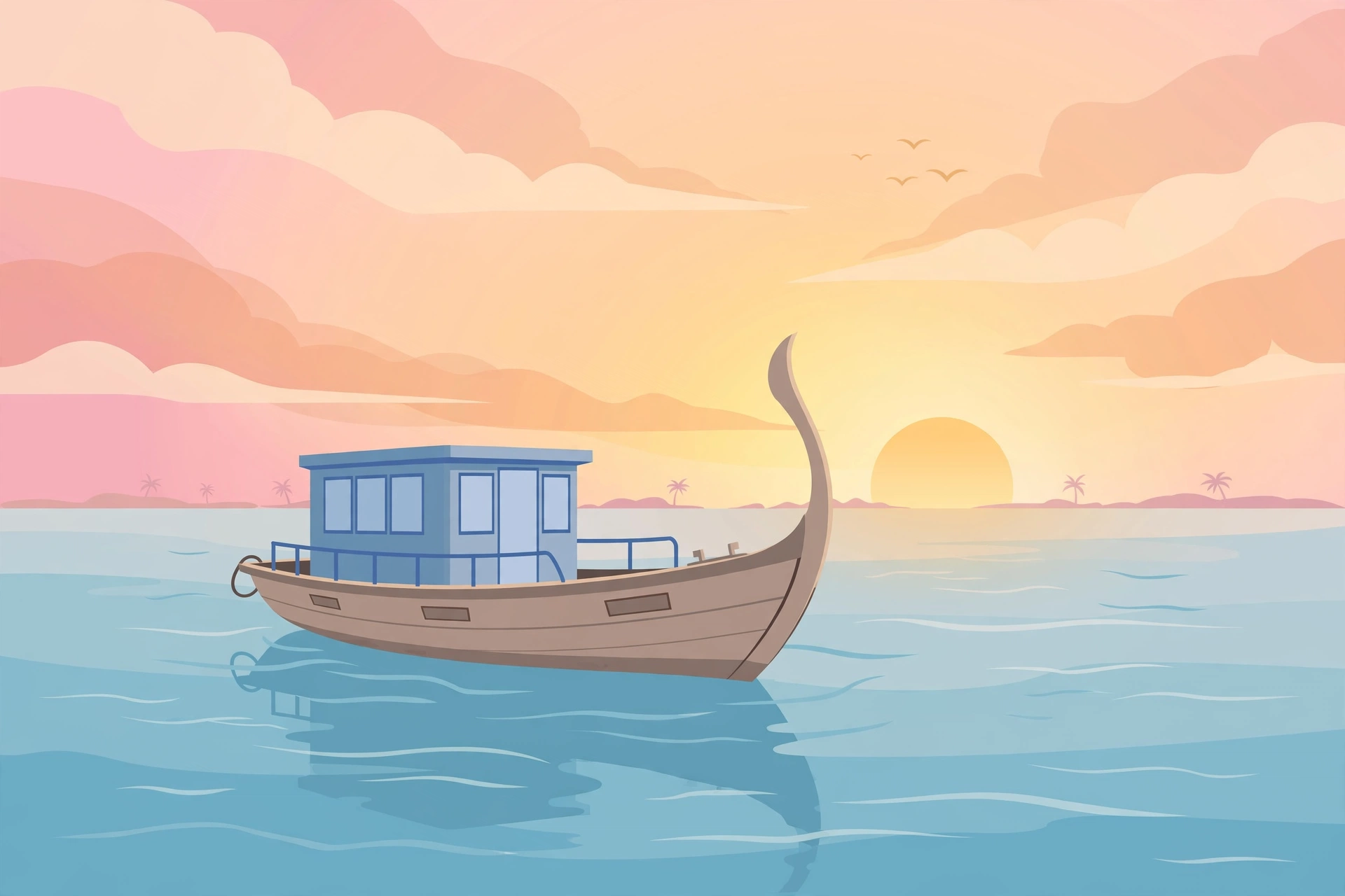 Flat illustration of a Maldivian dhoni on calm water at sunset, generated with Thaana AI